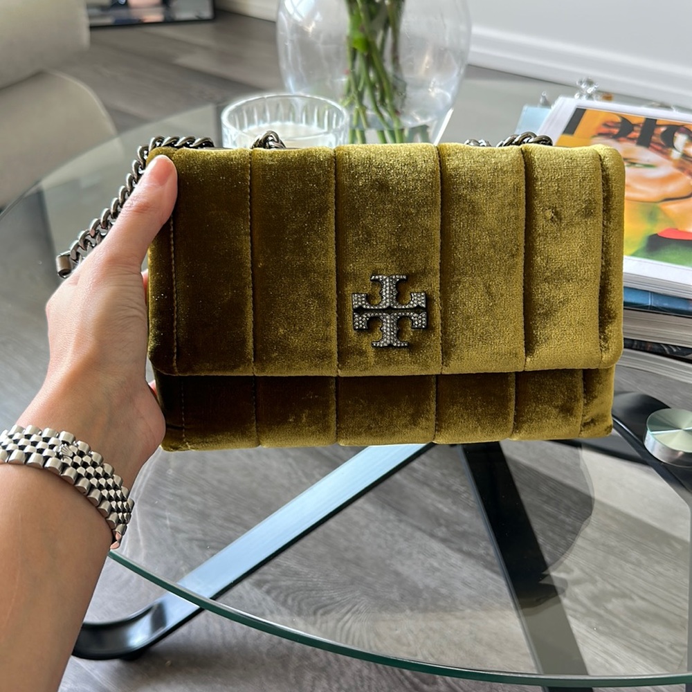 Kira velvet small convertible shoulder bag in pumpkin seed (Tory Burch)